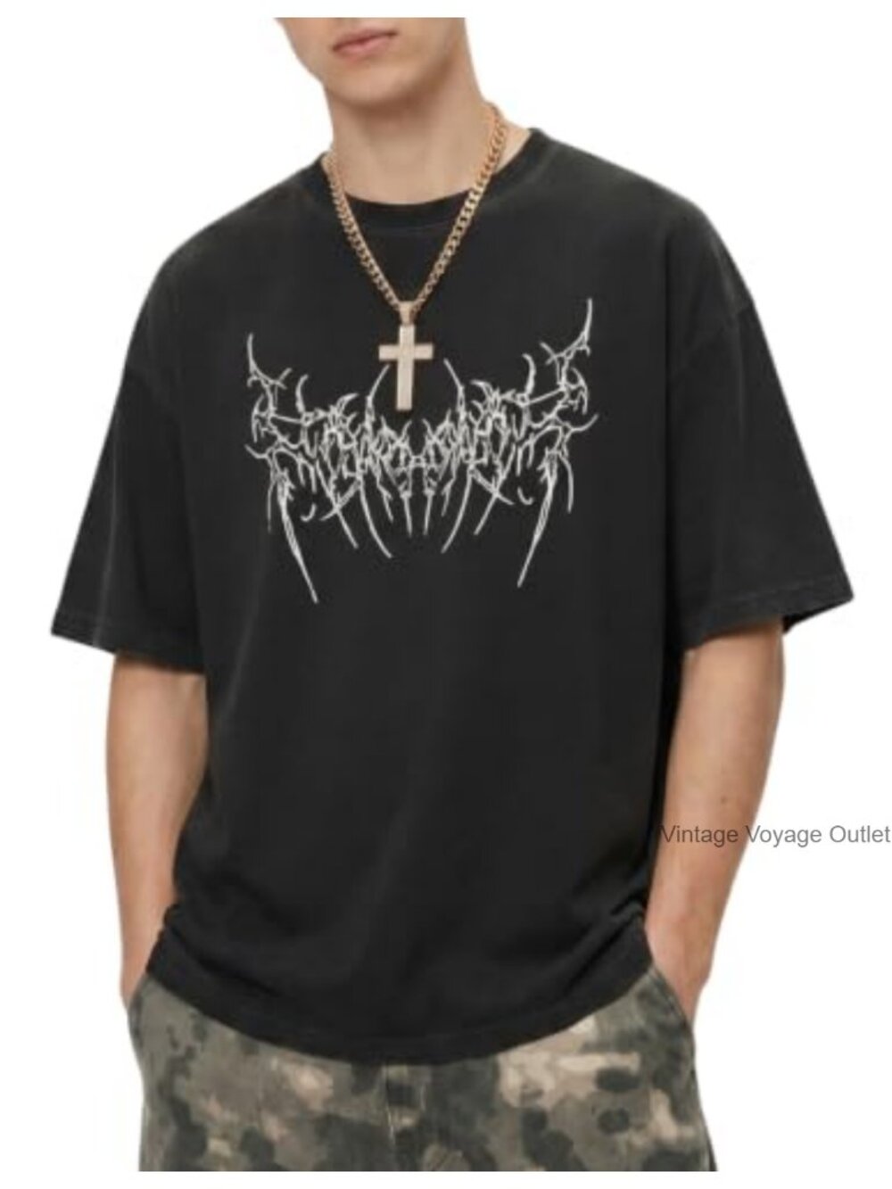 Men's Vintage Washed Cotton Blend Gothic Graphic Tee Short Sleeve